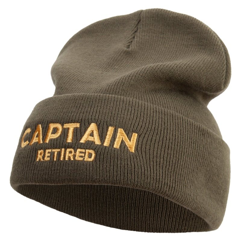 Made in USA Captain Retired Logo 12 Inch Solid Knit Cuff Long Beanie Olive One Size