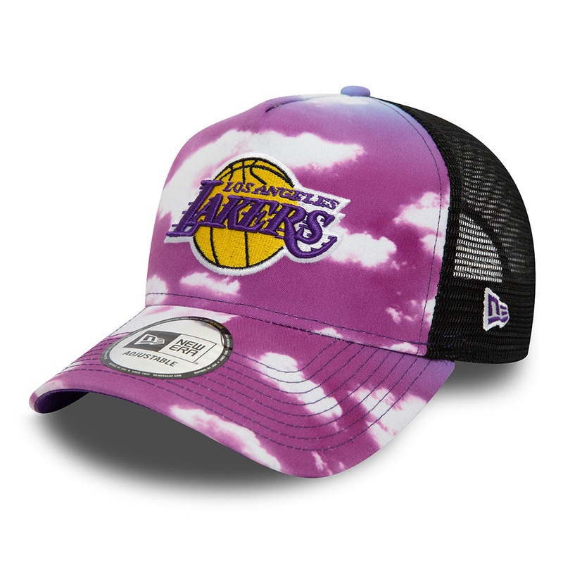 New Era L.A. Lakers A-Frame Trucker Cap – NBA Cloud AOP – Purple-White Adjustable