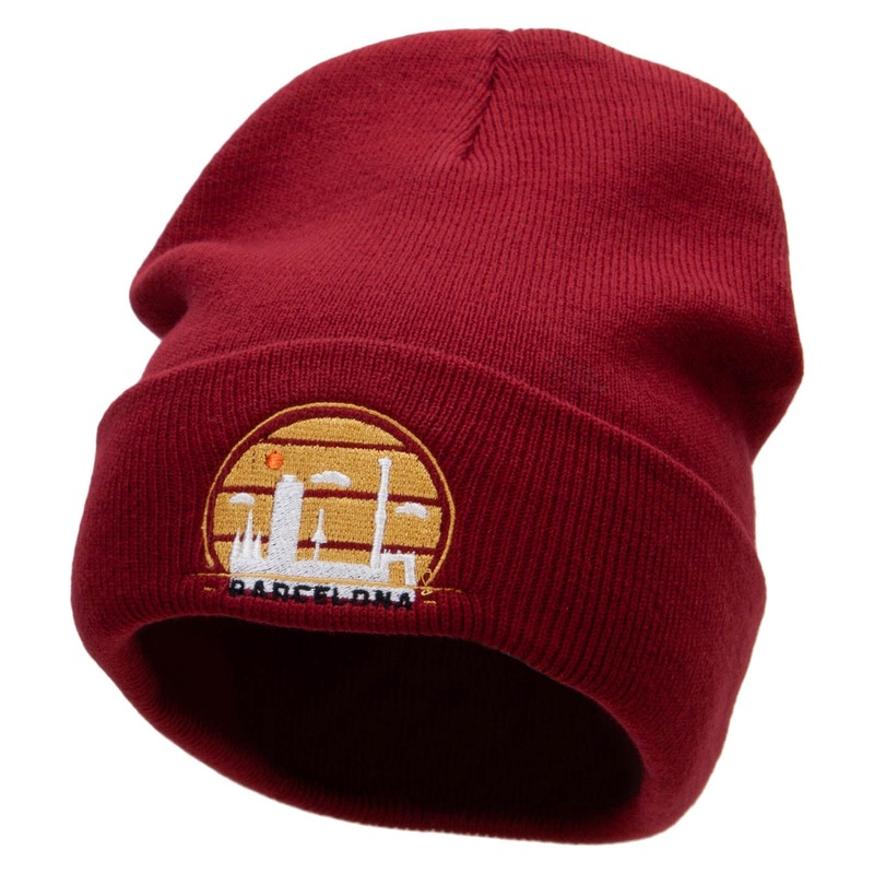 Barcelona Embroidered 12 Inch Long Knitted Beanie Maroon One Size
