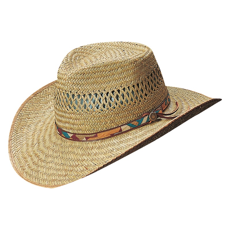 Dorfman Pacific Hats Rush Straw Outback Hat with Printed Band – Natural-Multi S