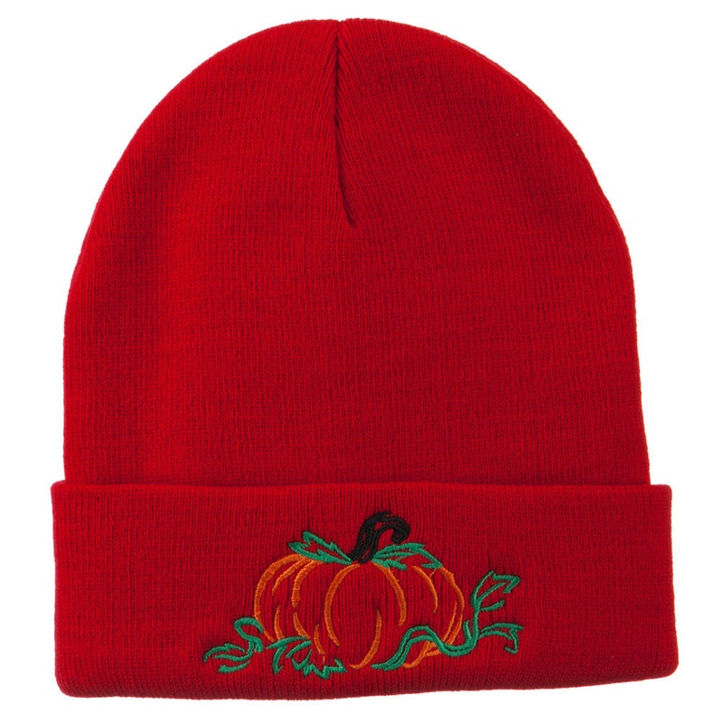 Halloween Pumpkin Embroidered Long Beanie Red One Size