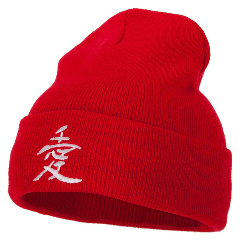Japanese Chinese Love Character Embroidered 12 Inch Long Knitted Beanie Red One Size