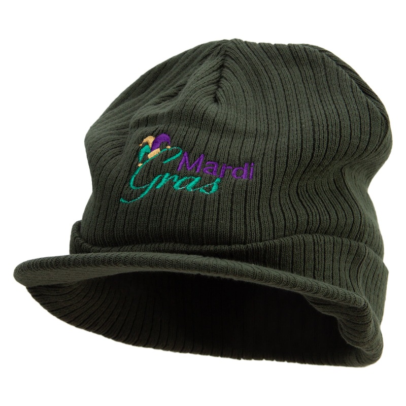 Mardi Gras with Jester Embroidered Big Knit Ribbed Beanie with Visor Olive XL-3XL