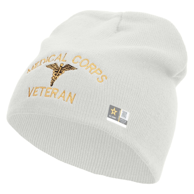 Medical Corps Veteran Embroidered 8 Inch Knitted Short Beanie White One Size