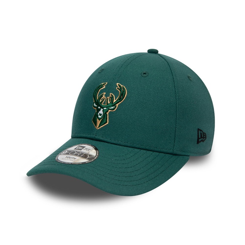 New Era Kids 9FORTY Milwaukee Bucks Baseball Cap – NBA The League – Pine Green YOUTH ADJ