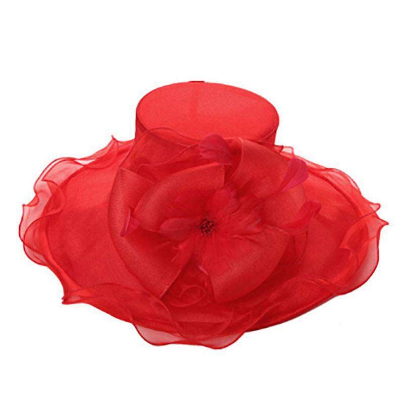 Organza Hat with Feather Flower and Bow Red