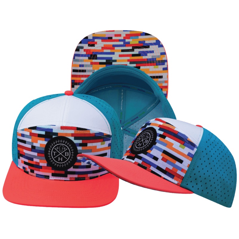 **YOUTH** Color Vibes Hat – Flat Bill – Party Blocks – Neon Peach / White / Neon Blue – Laser Mesh