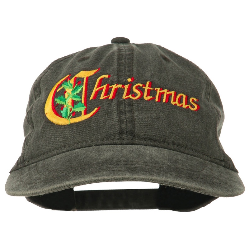 Christmas Holly Leaves Embroidered Washed Cap Black One Size