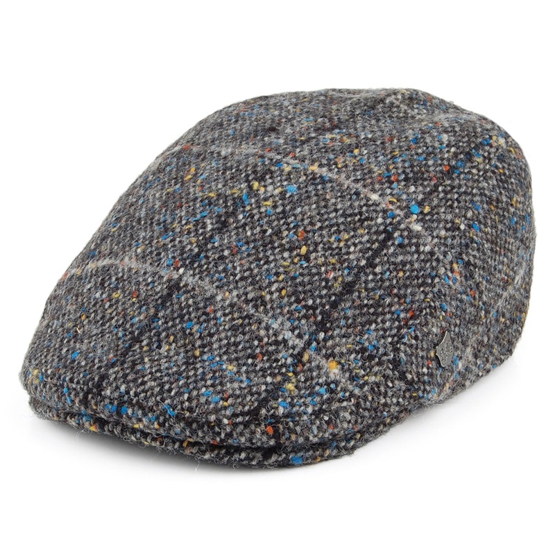 Failsworth Hats Oslo Donegal Tweed Windowpane Flat Cap With Earlaps – Grey Multi 55