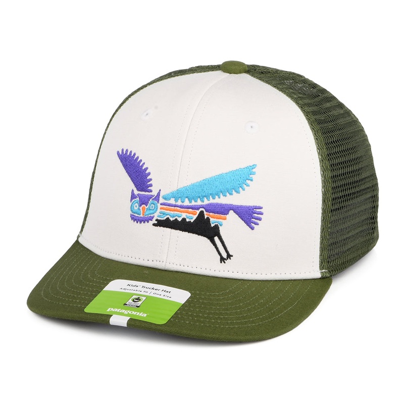 Patagonia Hats Kids Fitz Roy Owl Organic Cotton Trucker Cap – White-Olive CHILD ADJ.