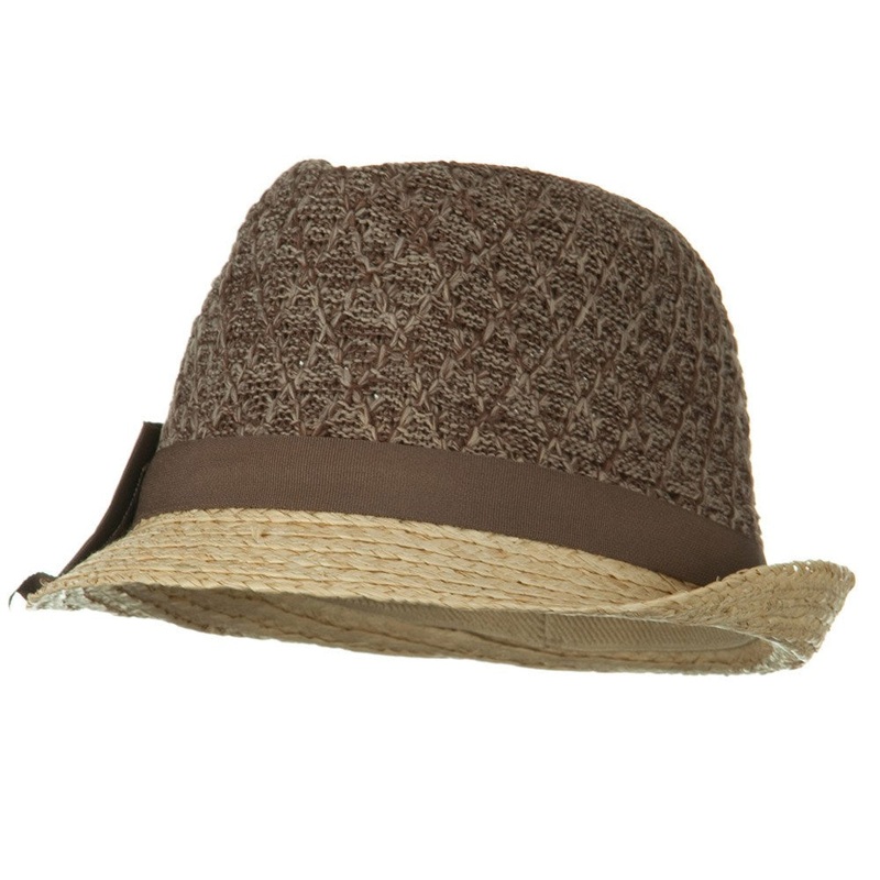 Cloth Raffia Knit Crown Ribbon Bow Fedora Brown One Size