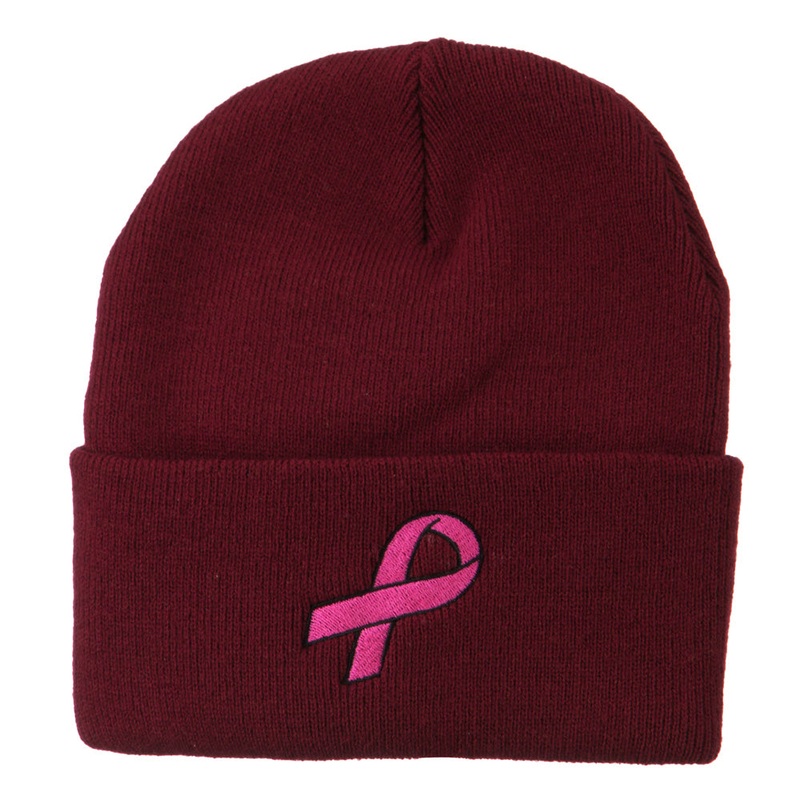 Hot Pink Ribbon Breast Cancer Embroidered Long Cuff Beanie Maroon One Size