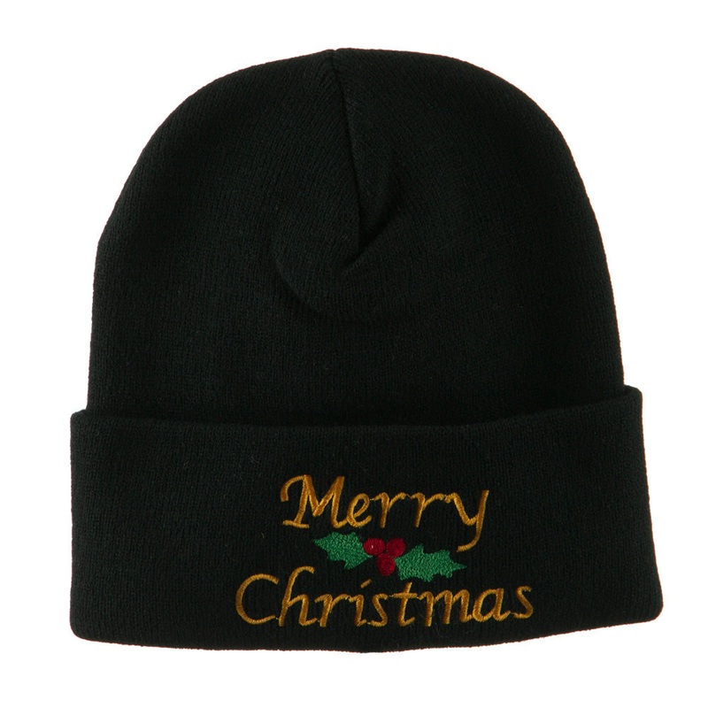 Merry Christmas Embroidered Long Beanie Black One Size