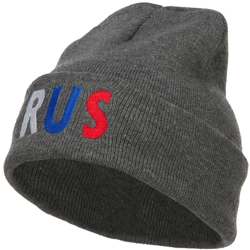 Russia RUS Flag Embroidered Long Beanie Dk Grey One Size