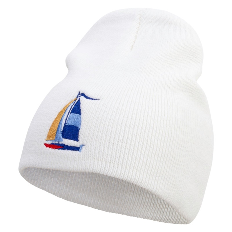 Sailboat Icon Embroidered 8 Inch Short Beanie White One Size
