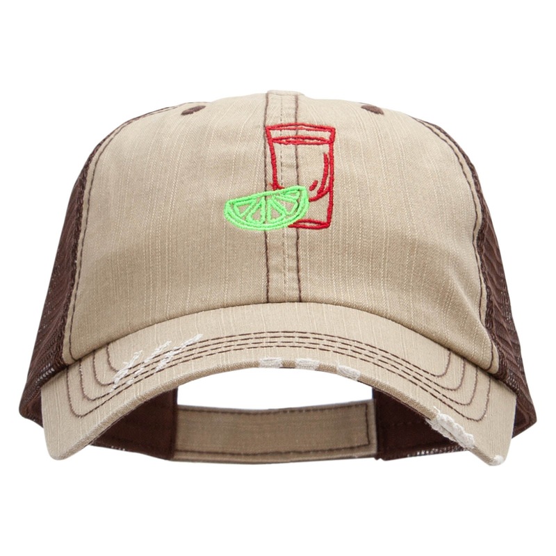 Tequila Shot Embroidered Frayed Mesh Cap Khaki Brown One Size