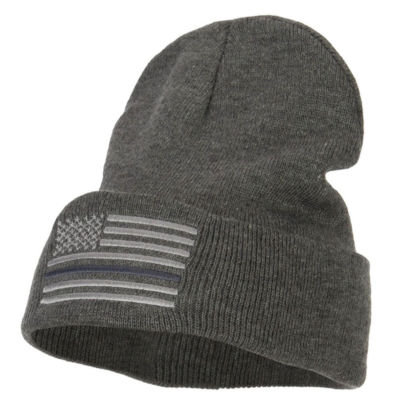 Thin Grey Line USA Flag Embroidered Long Beanie Dark Grey One Size