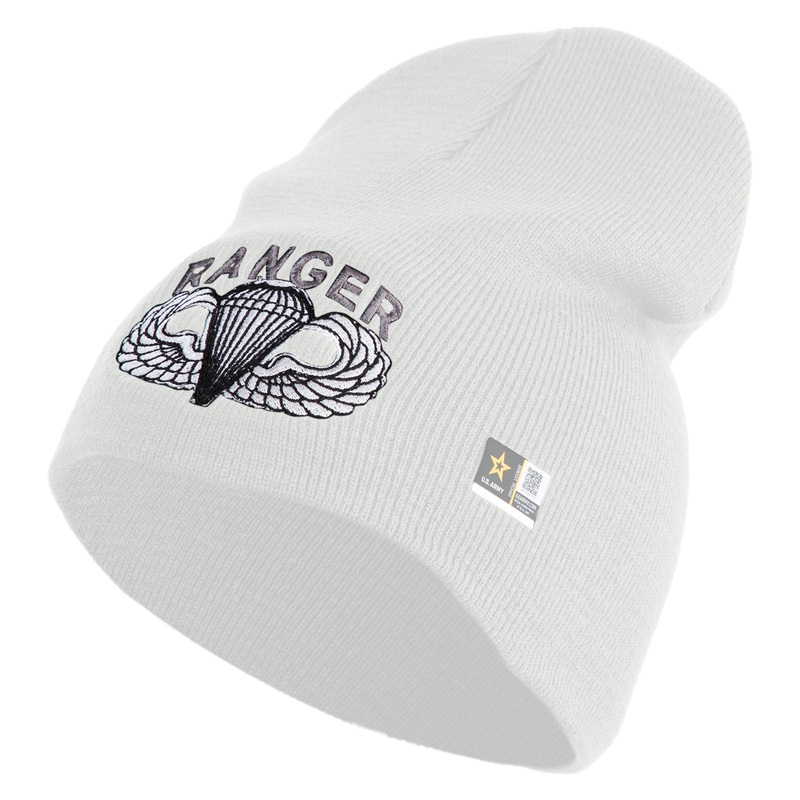 U.S. Army Paratrooper and Ranger Badge Symbol Embroidered 8 Inch Solid Knit Short Beanie Made in USA White One Size
