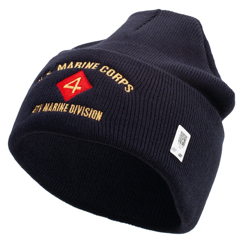 U.S. Marine Corps 4th Marine Division Logo Embroidered 12 Inch Solid Knit Cuff Long Beanie Made in USA Navy One Size