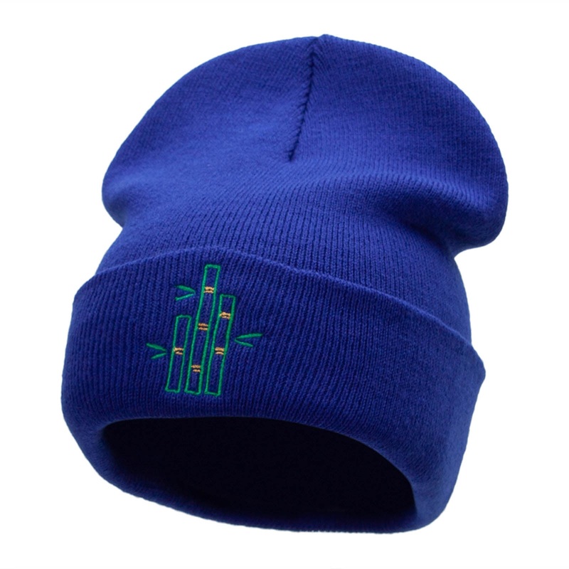 Bamboo Stalks Embroidered 12 Inch Long Knitted Beanie Royal One Size
