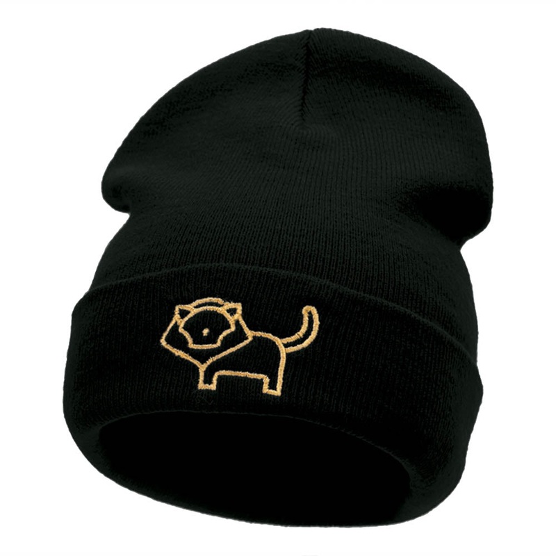 Delicate Lion Outline Embroidered Knitted Long Beanie Black One Size