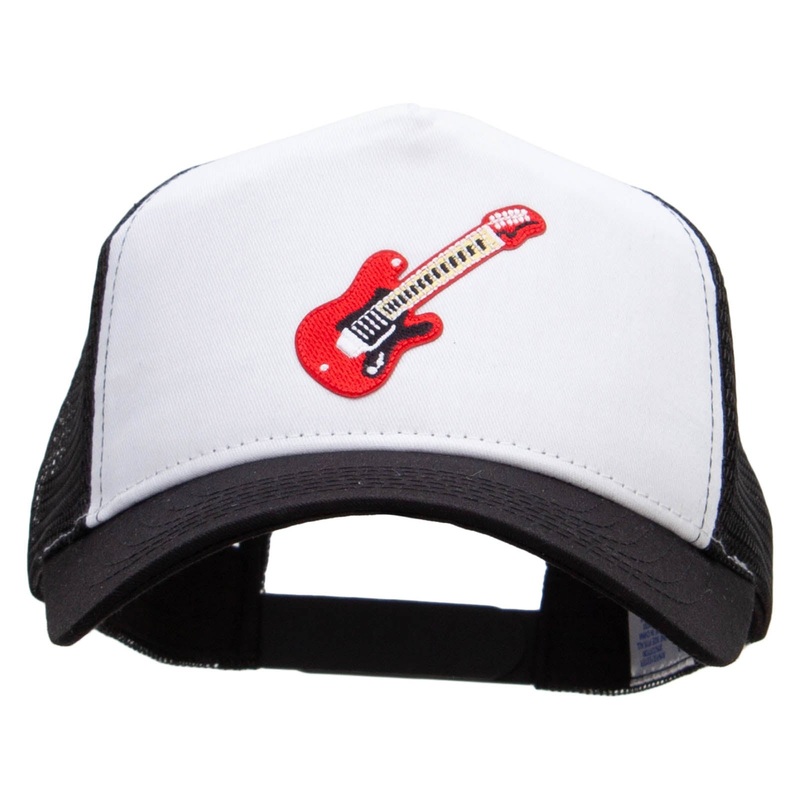Embroidered Guitar Patched 5 Panel High Profile Poly Cotton Twill Mesh Trucker Cap White Black One Size