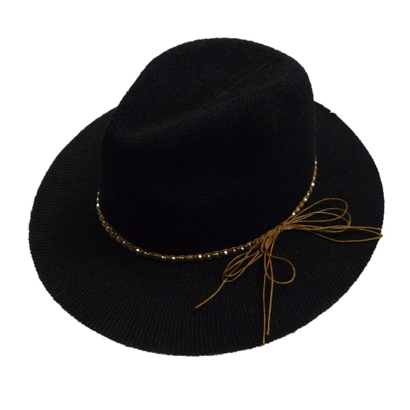 Knitted Panama Hat with Beaded Band – Black Black Medium (57 cm)