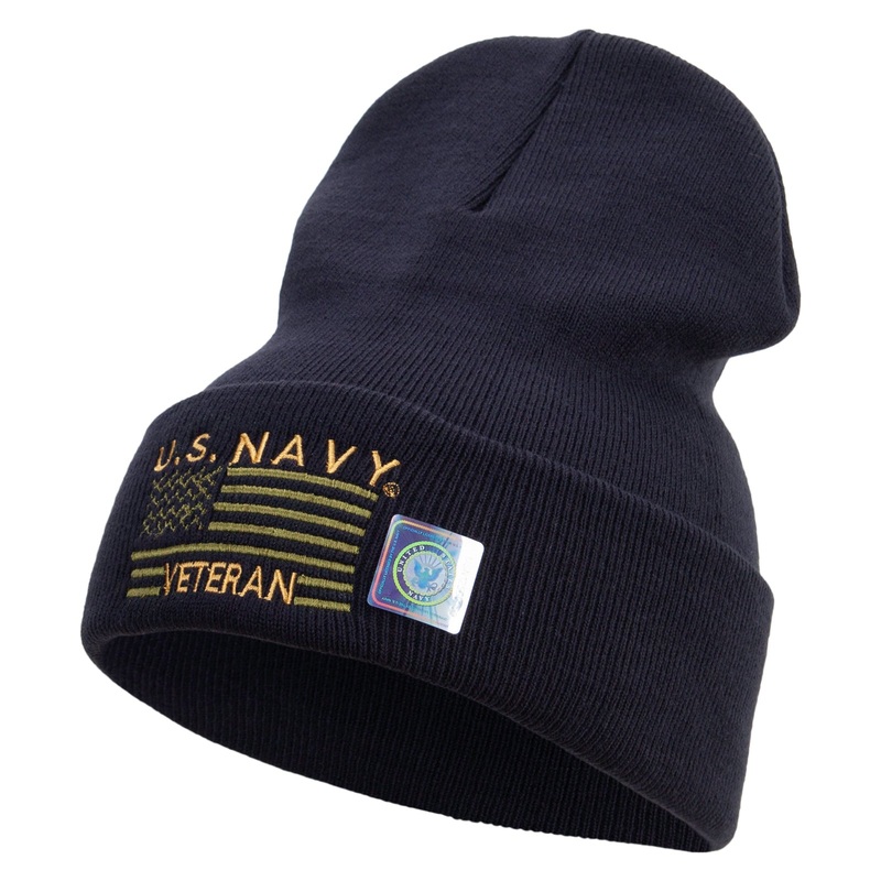 Made in USA Navy Veteran Flag Symbol Embroidered 12 Inch Solid Knit Cuff Long Beanie Navy One Size