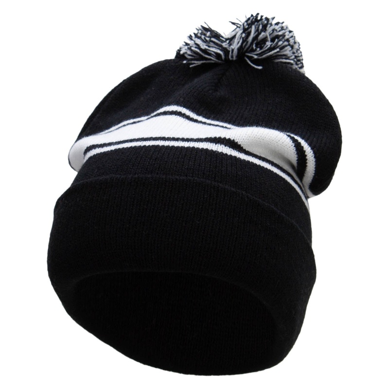 Striped Pom 12 inch Cuff Long Beanie Black White One Size