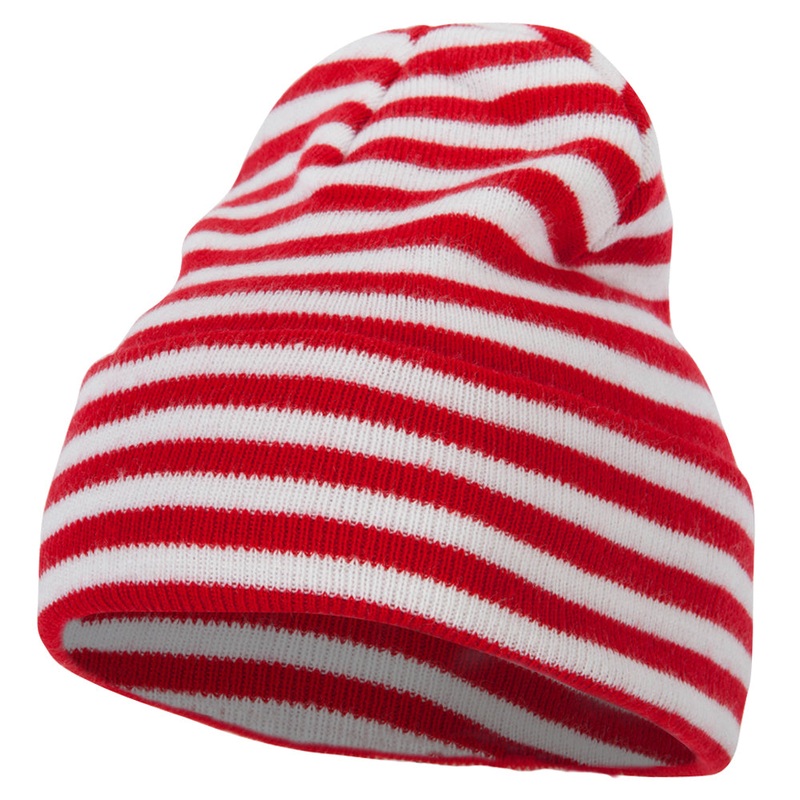 Trendy Striped 12 Inch Long Cuff Beanie Red White One Size