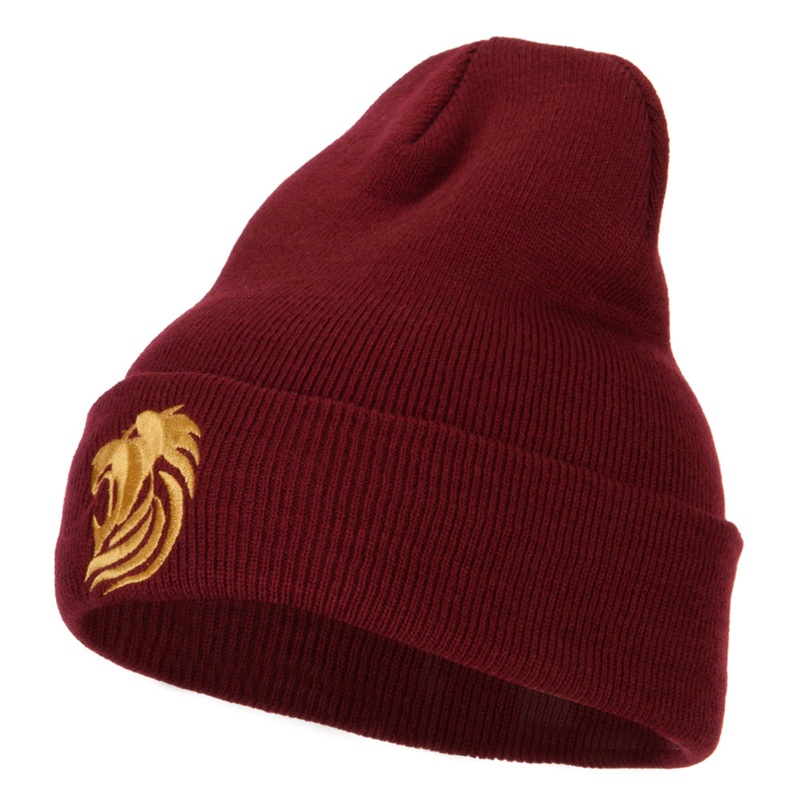 Gold Lion Embroidered Long Cuffed Beanie Maroon One Size
