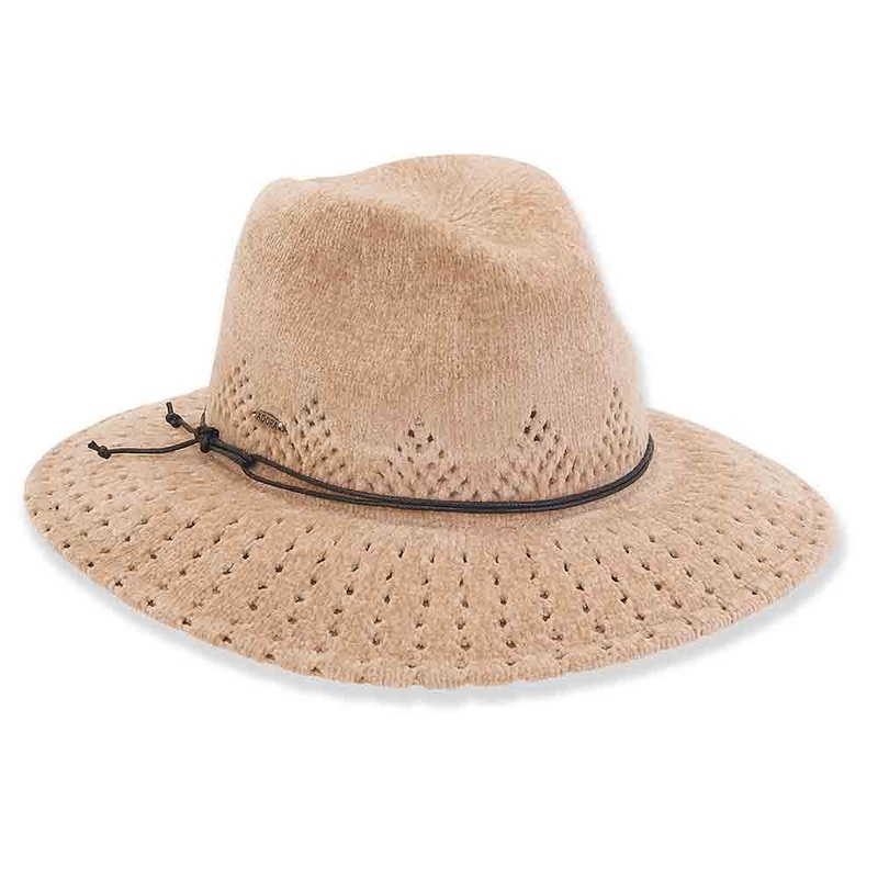 Knit Chenille Hat with Faux Leather Tie – Adora Hats Beige M/L (58 cm)