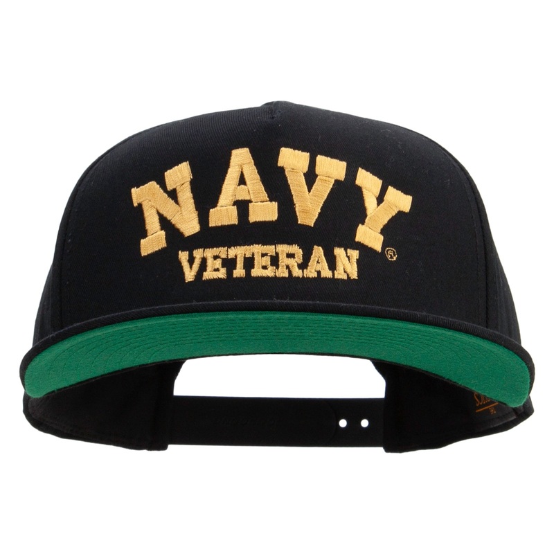 Navy Veteran Letters Embroidered 5 Panel Flat Bill Twill Snapback Solid Cap Black One Size