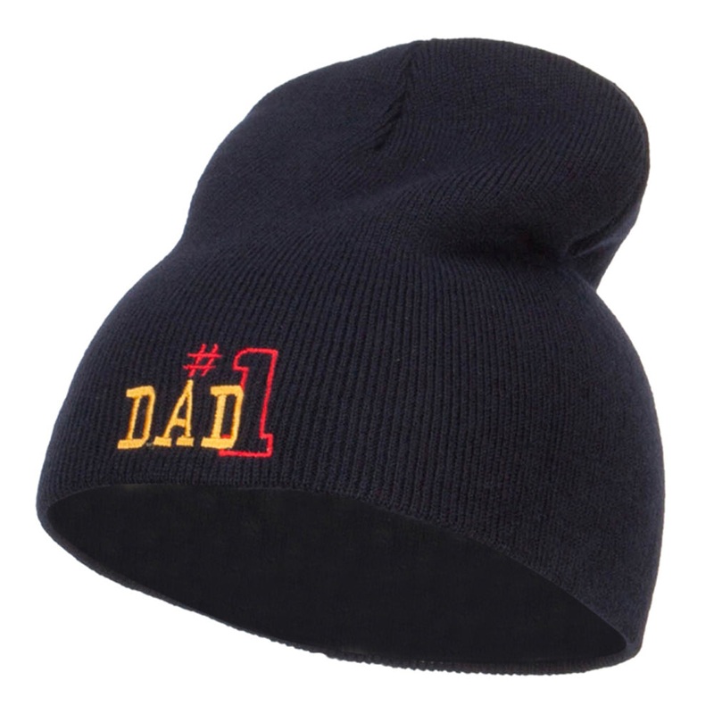 Number 1 Dad Outline Embroidered Short Beanie Navy One Size