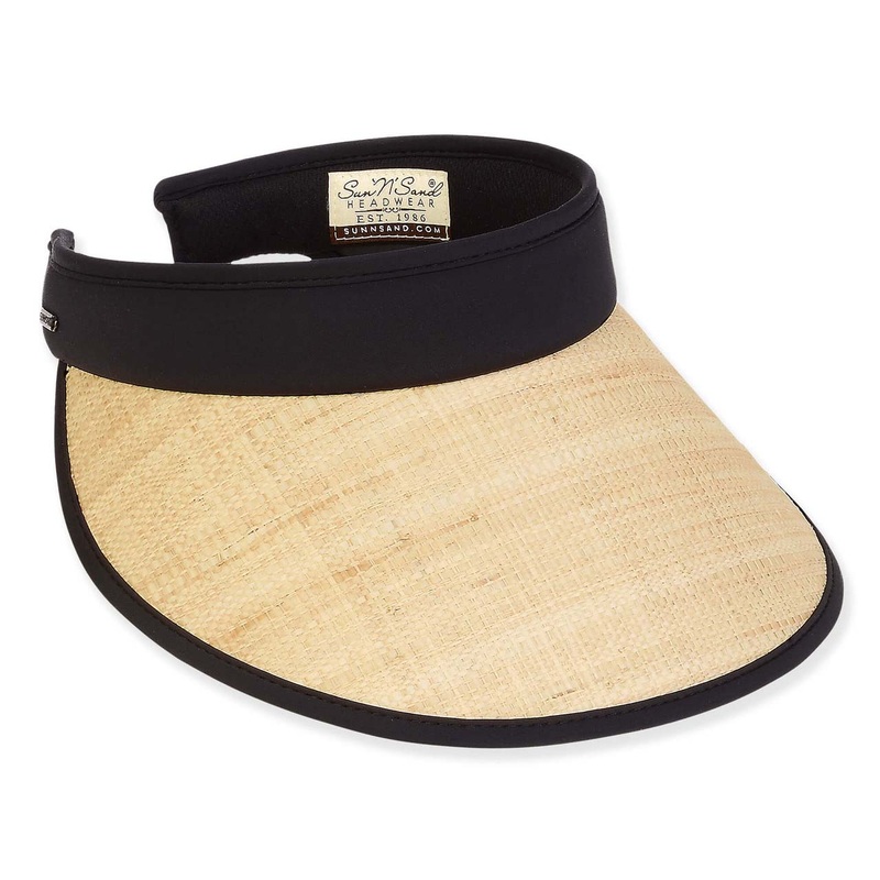 Raffia Straw Slip-On Sun Visor Trimmed with Fabric – Sun ‘N’ Sand Hats Black