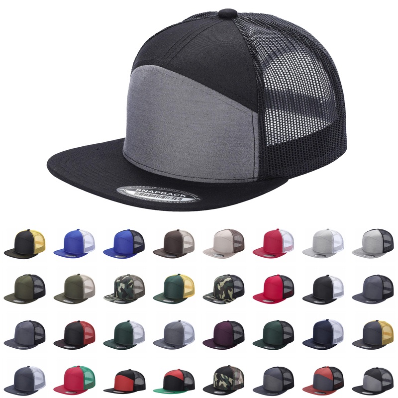 Unbranded 7-Panel Trucker Flat Bill Hat, Blank 7 Panel Mesh Back Cap Black