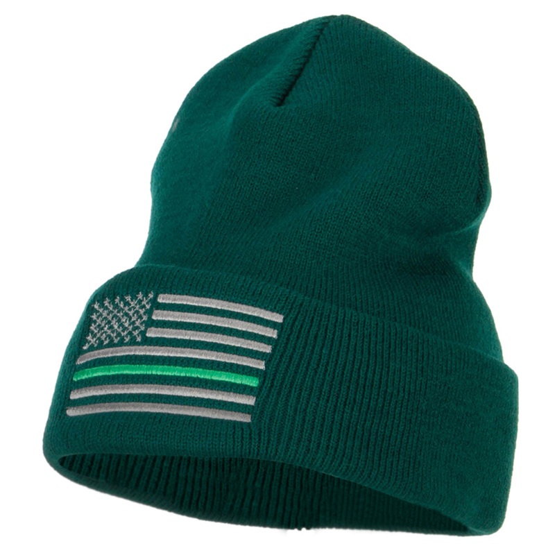 Thin Green Line USA Flag Embroidered Long Beanie Dark Green One Size