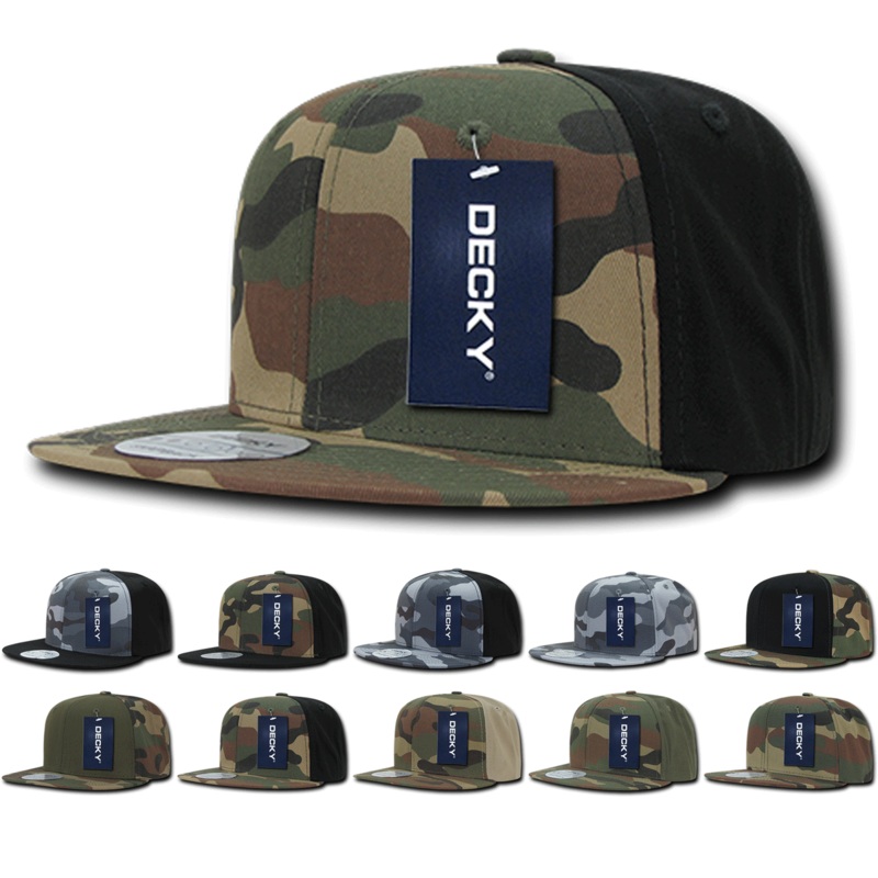Decky 1049 Camo Snapback Hat, 6 Panel Camouflage Flat Bill Cap Black/Urb/Black
