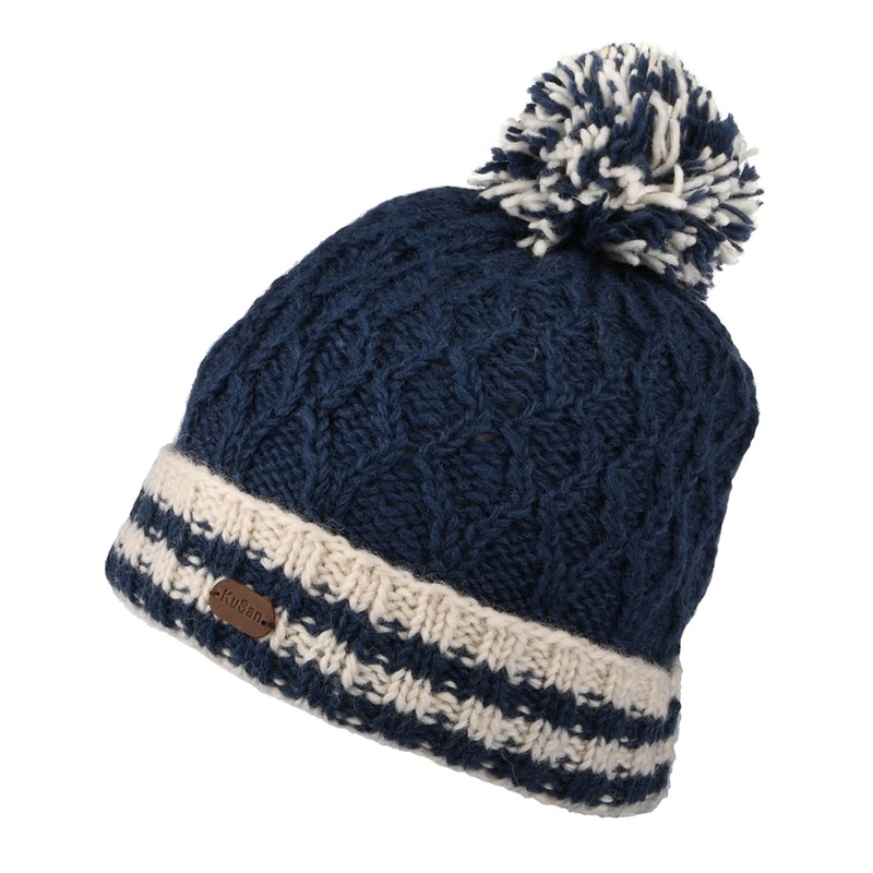Kusan Diamond Knit Striped Cuff Bobble Hat – Navy Blue 1-Size