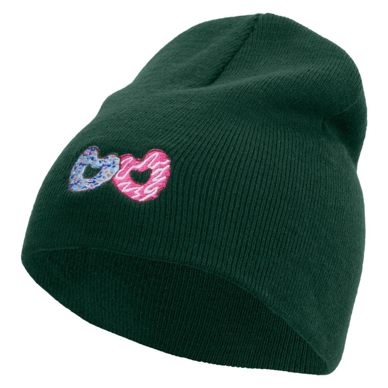 Love Donuts Embroidered 8 Inch Knitted Short Beanie Dk Green One Size