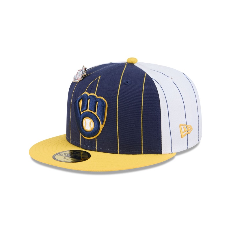 Milwaukee Brewers Pinstripe League Pin 59FIFTY Fitted Hat 7