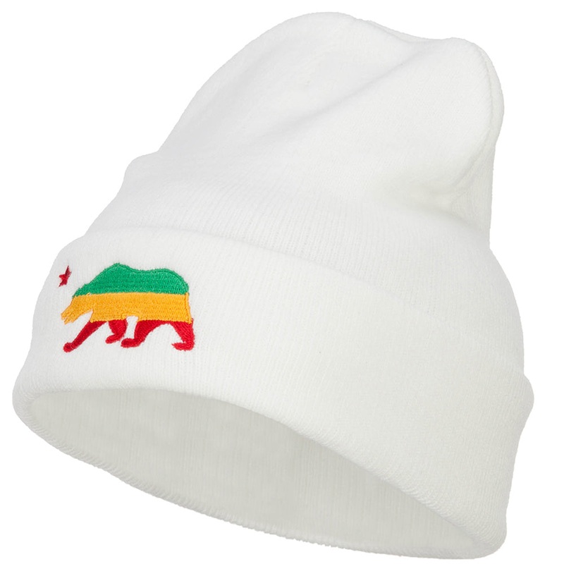 Rasta Cali Bear Embroidered Long Beanie White One Size