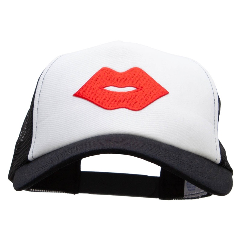 Red Lips Embroidered Patched Cotton Trucker Cap Black One Size