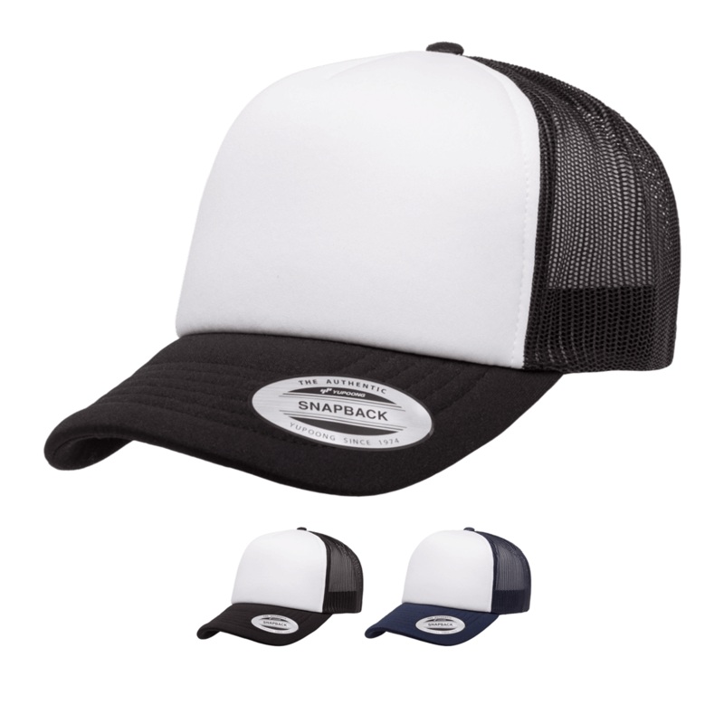 Yupoong 6320W Curved Foam Trucker Hat, Mesh Baseball Cap – White Front Black/White/Black