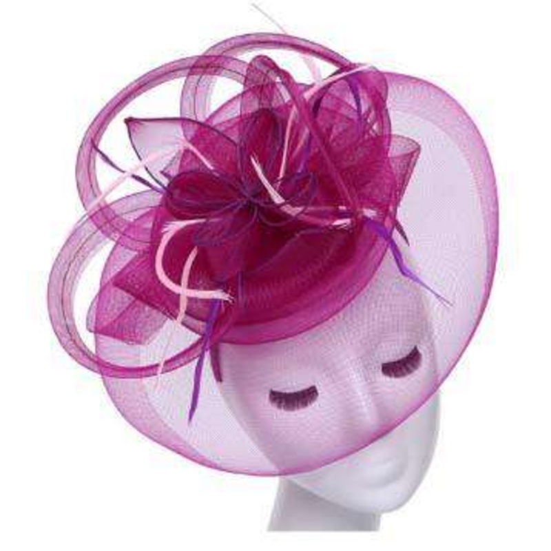 Large Loopy Mesh and Feather Fascinator Plum