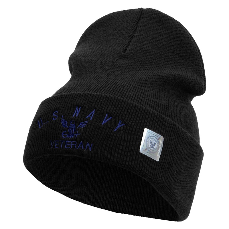 Made in USA Eagle Navy Veteran Logo Embroidered 12 Inch Solid Knit Cuff Long Beanie Black One Size
