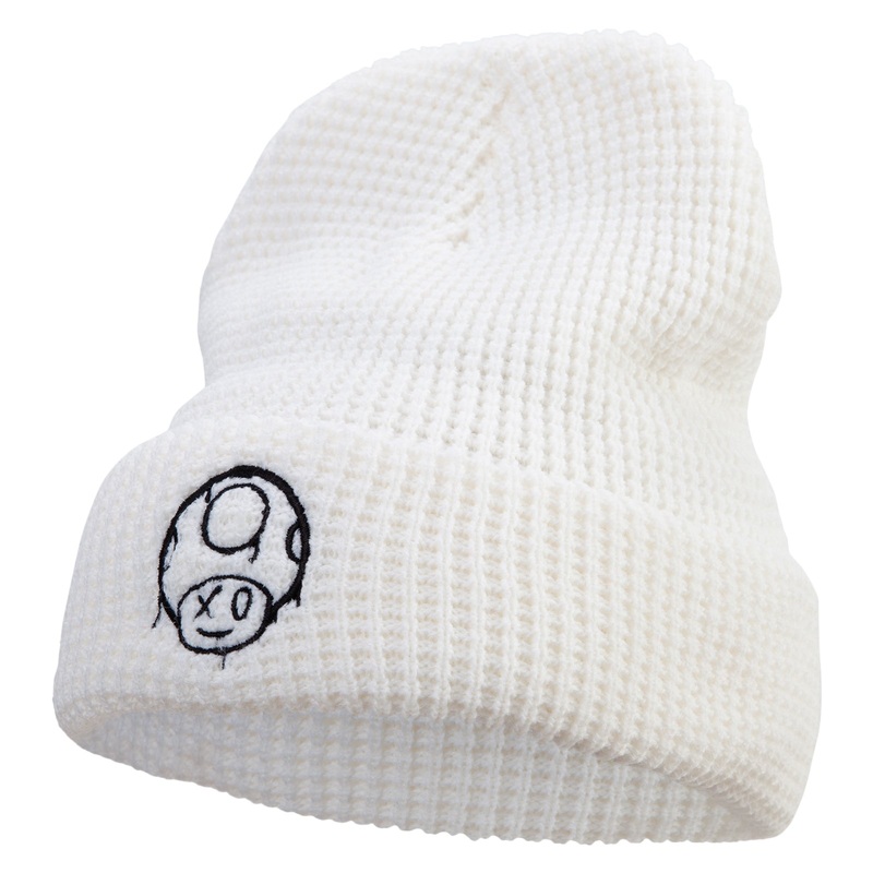 Mario Mushroom Paint Embroidered Big Stretch Waffle Stitch Cuff Beanie White One Size