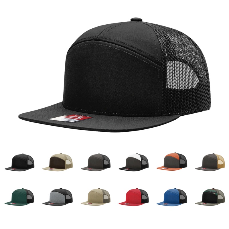 Richardson 168 7-Panel Trucker Hat, Flat Bill Snapback Black