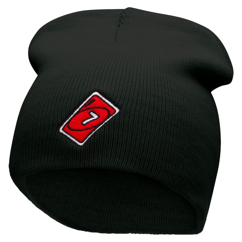 Single Lucky 7 Card Game Embroidered 8 Inch Short Beanie Black One Size