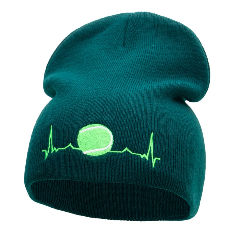 Tennis Ball Pulse Embroidered Short Knitted Beanie Dk Green One Size